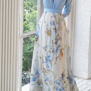 Elegant Blue and White Floral Maxi Dress